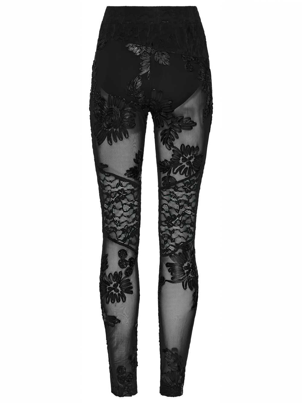 Black Gothic Lace Mesh Leggings with 3D Floral Design showcasing sheer floral details from the back.