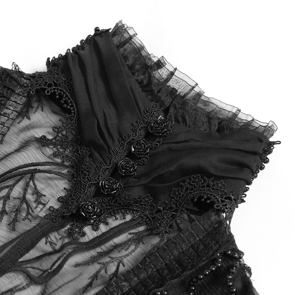 Alt Tag: Black Gothic Lace Mesh Maxi Dress with Short Sleeves close-up of sheer lace bodice, ruffled trim, and ornate floral appliqué