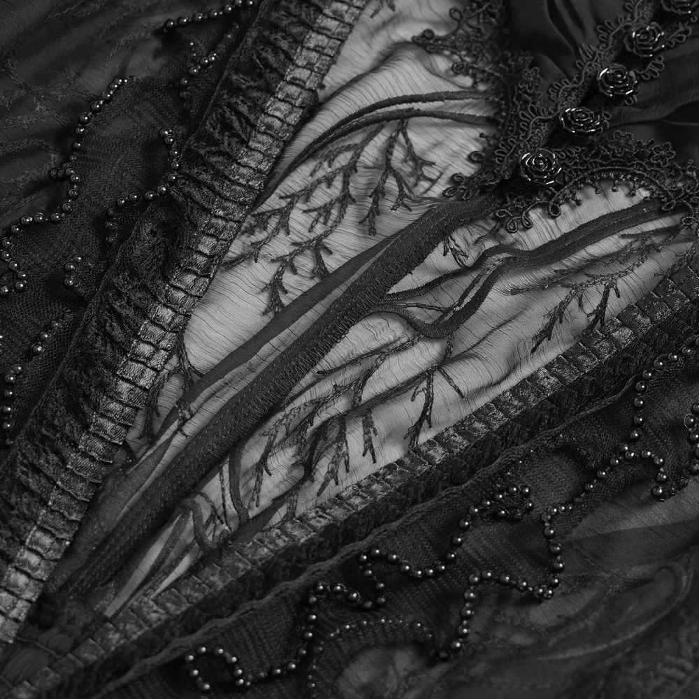 Alt Tag: Black Gothic Lace Mesh Maxi Dress with Short Sleeves sheer lace bodice detail, Victorian high neck, beaded trim, dark romance