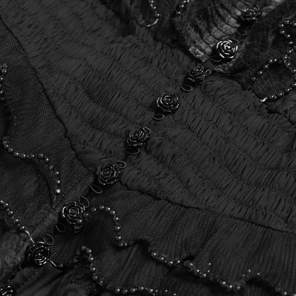 Alt Tag: Black Gothic Lace Mesh Maxi Dress with Short Sleeves close-up of ruched bodice, rose buttons, and beaded lace trim