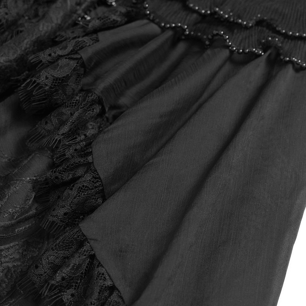 Alt Tag: Black Gothic Lace Mesh Maxi Dress with Short Sleeves close-up of sheer lace trim and layered black mesh skirt details