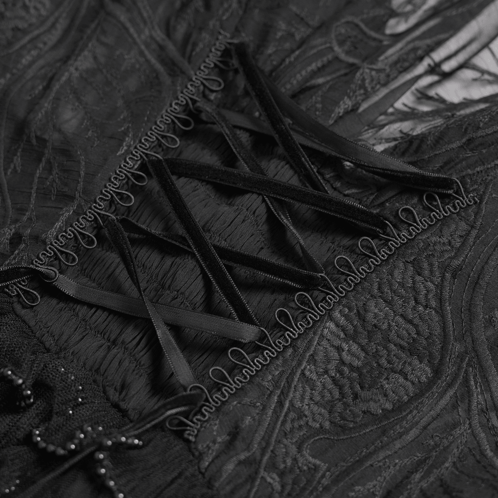 Alt Tag: Black Gothic Lace Mesh Maxi Dress with Short Sleeves close-up of lace-up back corset lacing and sheer Victorian lace details