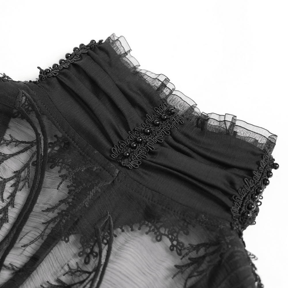 Alt Tag: Black Gothic Lace Mesh Maxi Dress with Short Sleeves close-up of sheer lace bodice, ruffled trim, and Victorian high-neck detail