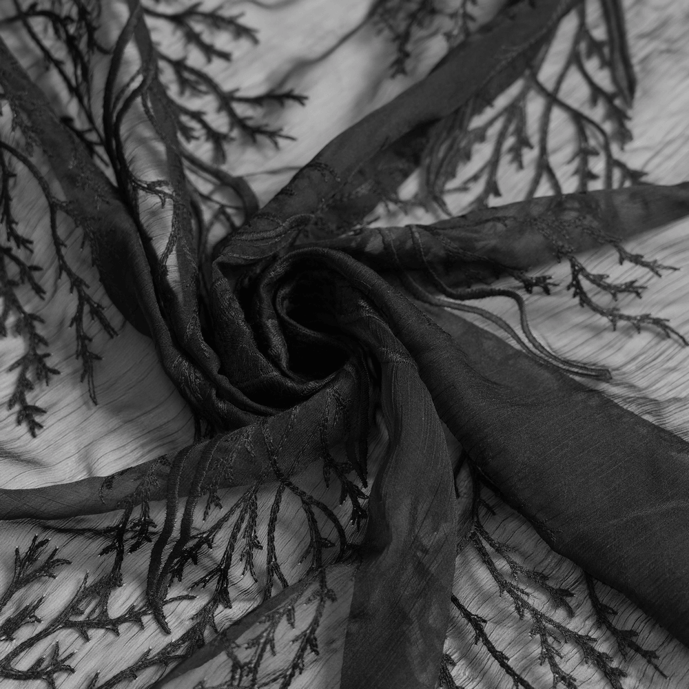 Alt Tag: Black Gothic Lace Mesh Maxi Dress with Short Sleeves sheer black lace mesh fabric close-up with Victorian gothic leaf embroidery
