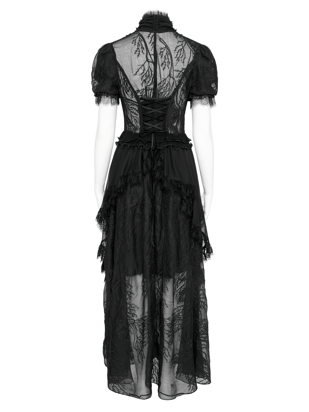 Alt Tag: Black Gothic Lace Mesh Maxi Dress with Short Sleeves back view, sheer lace high neck, lace-up corset, puff sleeves, high-low skirt