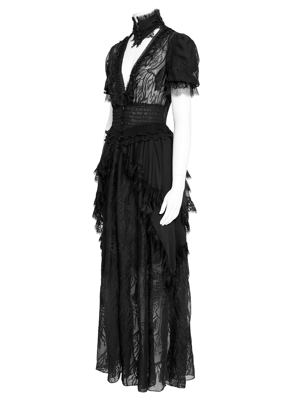 Alt Tag: Black Gothic Lace Mesh Maxi Dress with Short Sleeves sheer lace high neck, puff sleeves, lace-up back, layered mesh skirt