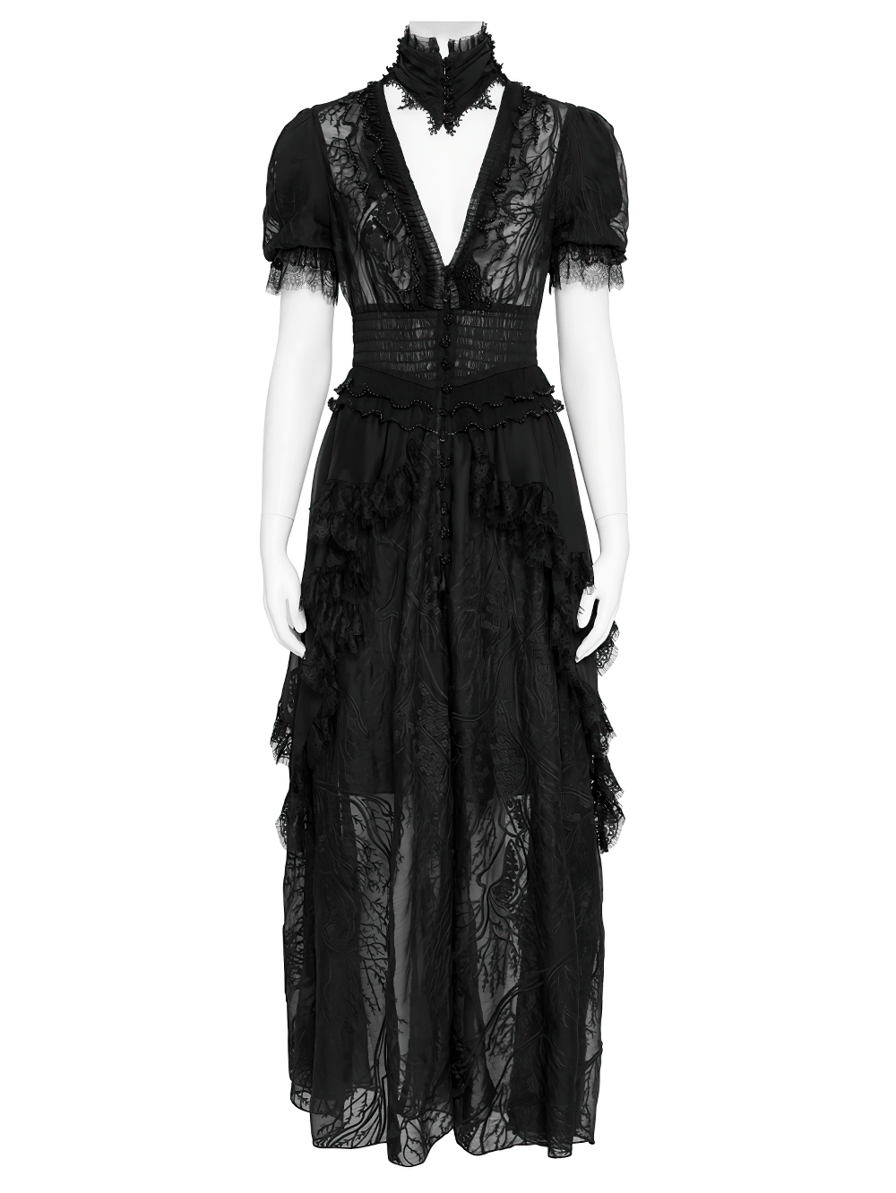 Alt Tag: Black Gothic Lace Mesh Maxi Dress with Short Sleeves Victorian sheer lace high neck, V-neck, puff sleeves, layered mesh skirt