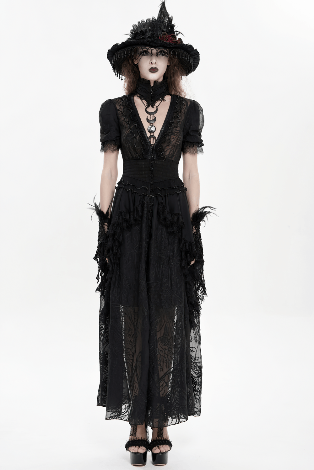 Alt Tag: Black Gothic Lace Mesh Maxi Dress with Short Sleeves on model, sheer lace V-neck, puff sleeves, high-low ruffle mesh skirt