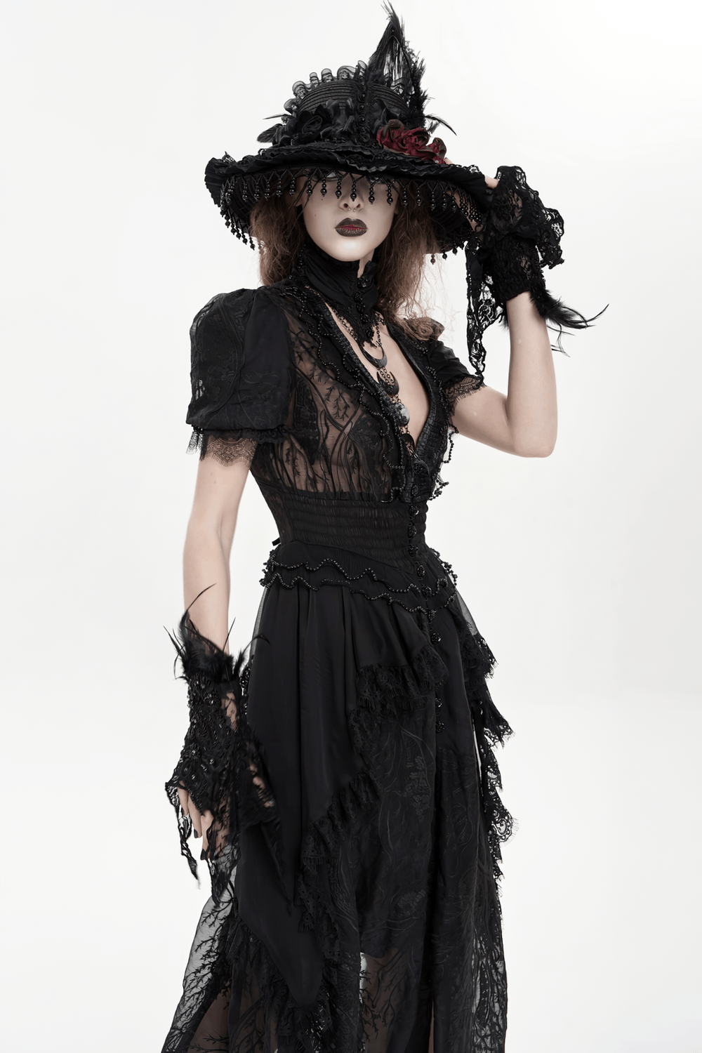 Alt Tag: Black Gothic Lace Mesh Maxi Dress with Short Sleeves, sheer lace V-neck, puff sleeves, lace-up back, layered mesh skirt, witchy formal look