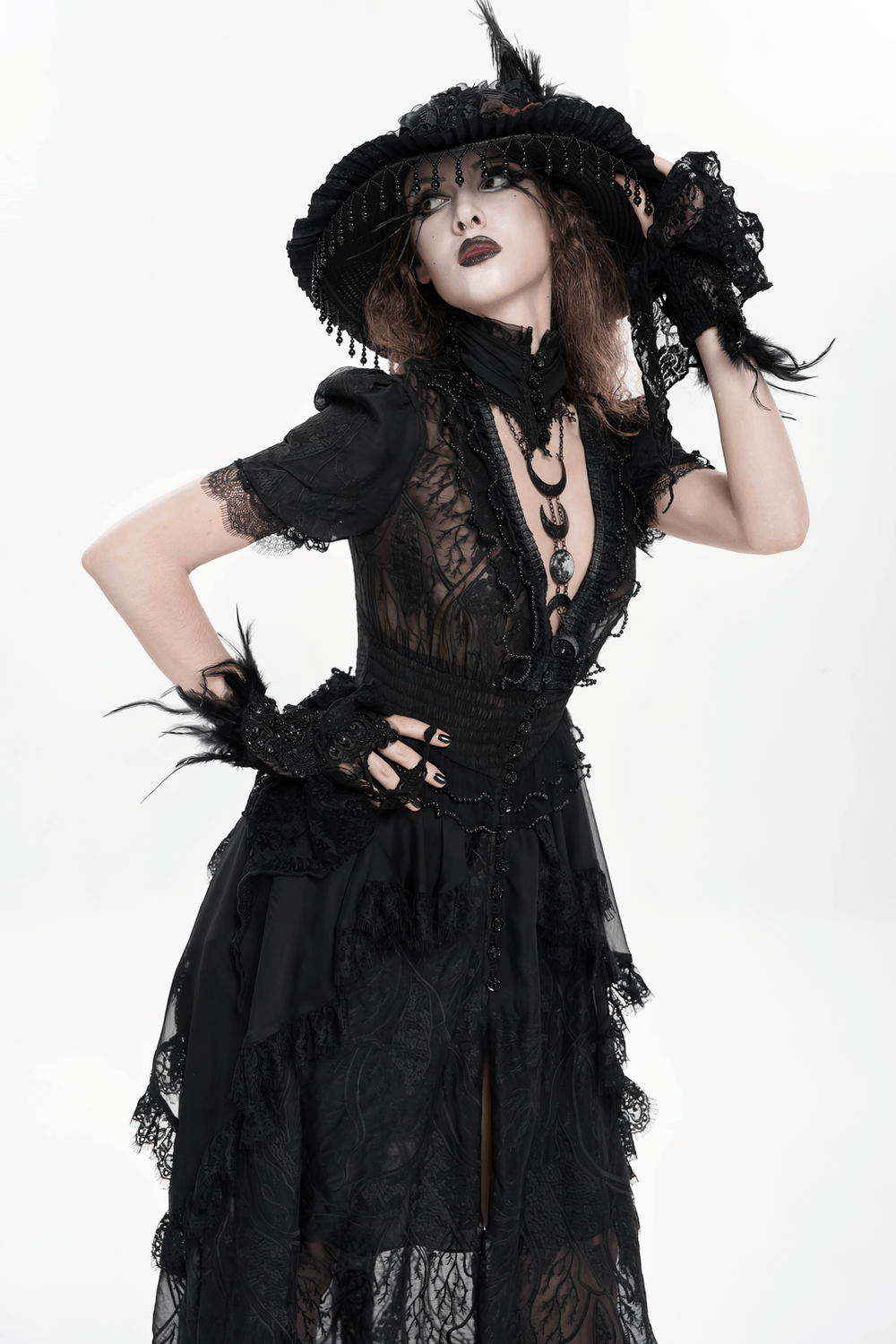 Alt Tag: Black Gothic Lace Mesh Maxi Dress with Short Sleeves, sheer lace high neck, puff sleeves, layered mesh skirt, witchy formal look