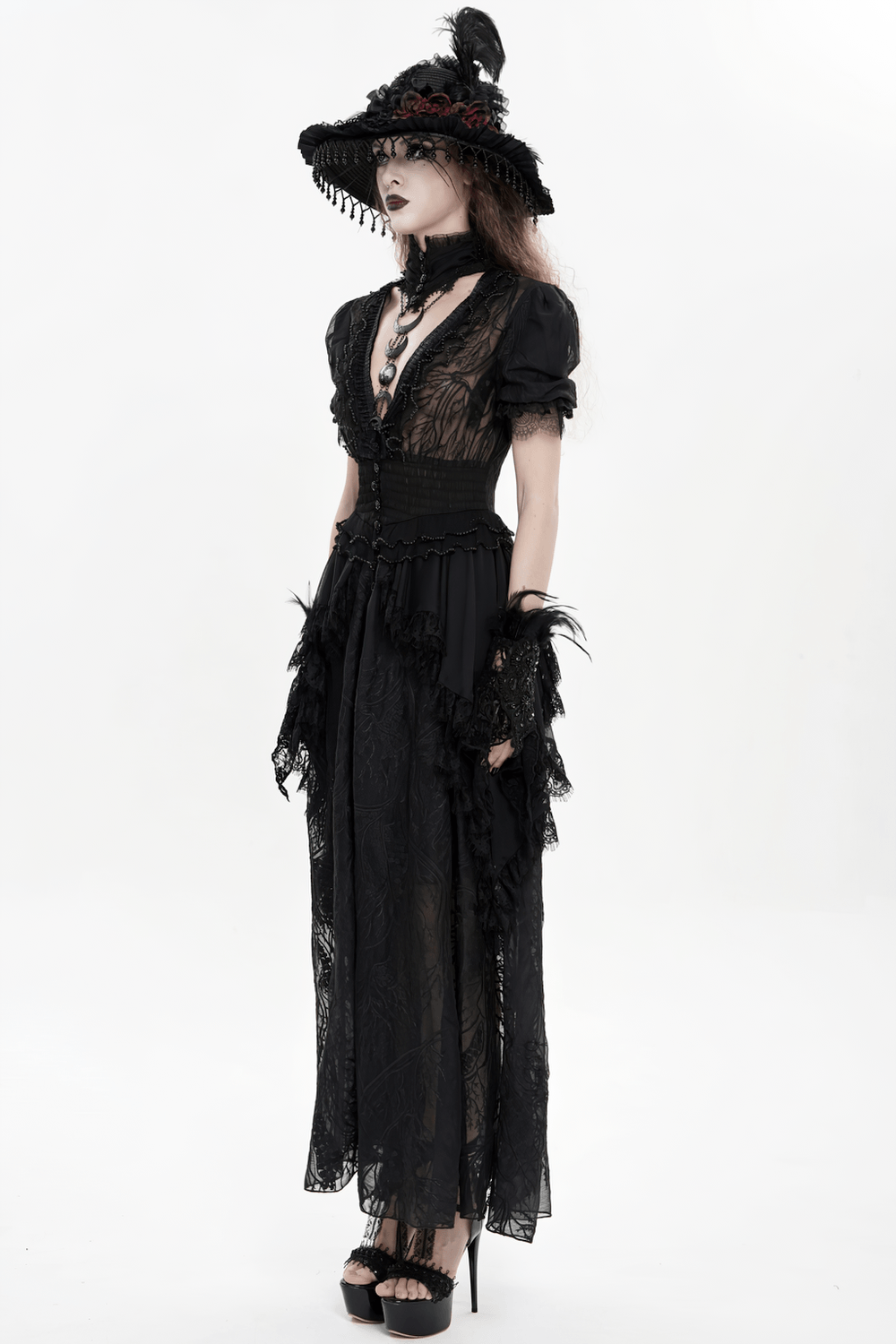 Alt Tag: Black Gothic Lace Mesh Maxi Dress with Short Sleeves in Victorian sheer lace, puff sleeves, V-neck, layered mesh skirt