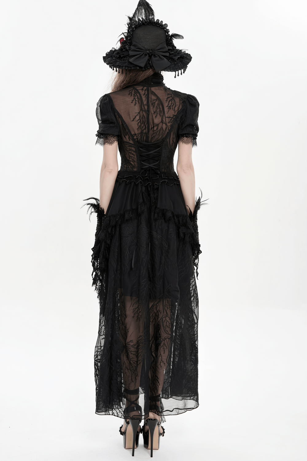 Alt Tag: Black Gothic Lace Mesh Maxi Dress with Short Sleeves back view, sheer lace high neck, puff sleeves, lace-up corset, high-low mesh skirt