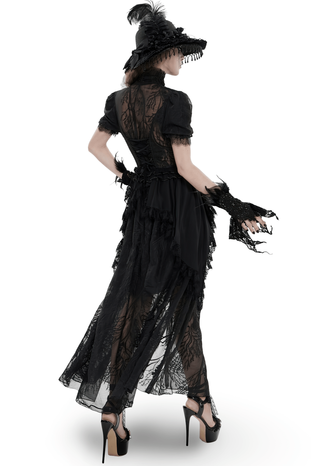 Alt Tag: Black Gothic Lace Mesh Maxi Dress with Short Sleeves, sheer lace back and layered mesh skirt, Victorian gothic evening look