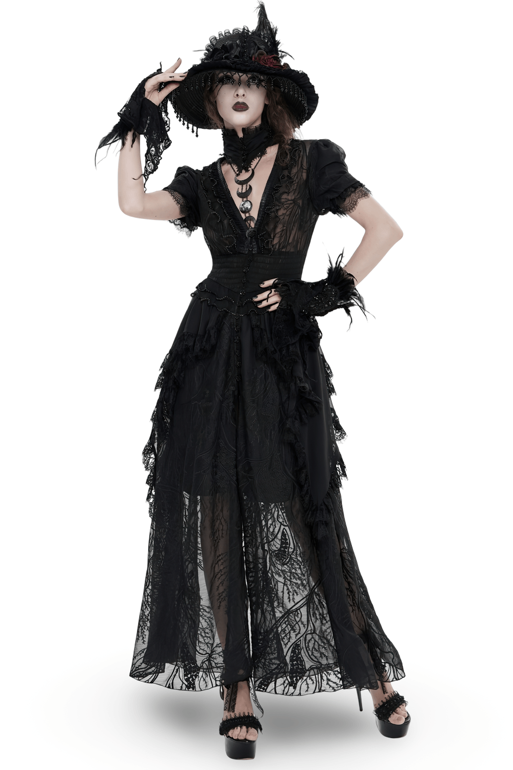 Alt Tag: Black Gothic Lace Mesh Maxi Dress with Short Sleeves on model, sheer lace high neck, V-neck, puff sleeves, layered mesh skirt