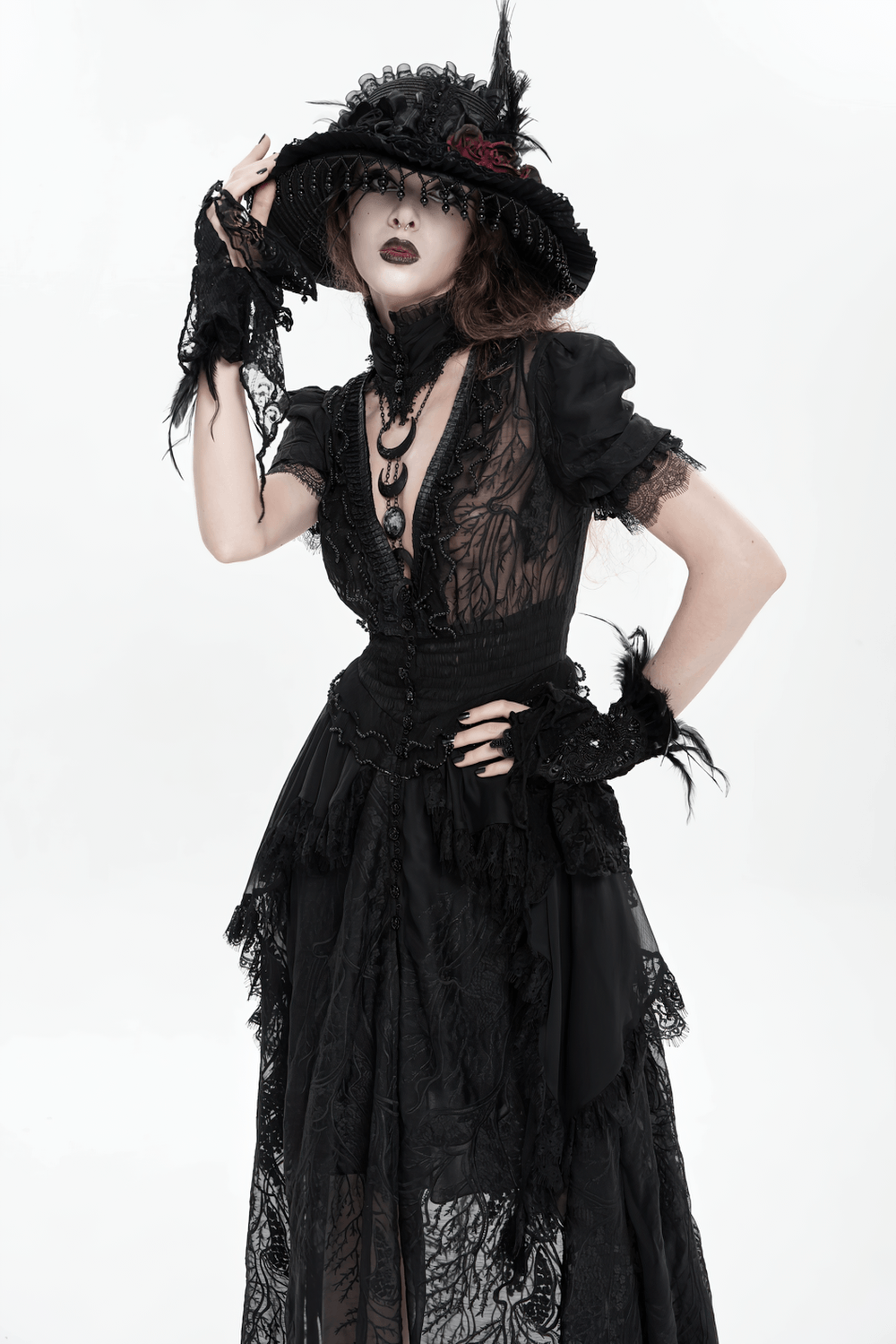 Alt Tag: Black Gothic Lace Mesh Maxi Dress with Short Sleeves, sheer lace high neck, puff sleeves, layered mesh skirt, witchy gothic style