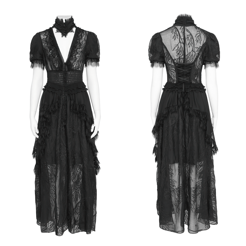 Alt Tag: Black Gothic Lace Mesh Maxi Dress with Short Sleeves front and back view, sheer lace high neck, V-neck, puff sleeves, lace-up back
