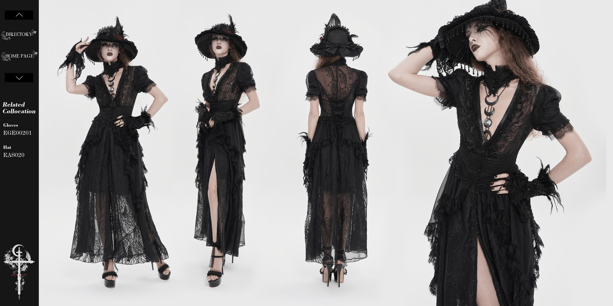 Alt Tag: Black Gothic Lace Mesh Maxi Dress with Short Sleeves sheer lace maxi, V-neck, puff sleeves, lace-up back, layered mesh skirt