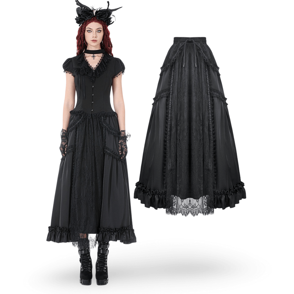 Black Gothic Lace Panel Maxi Skirt with Drawstring Waist modeled with ruffled hem and sheer lace detail for dramatic flair.