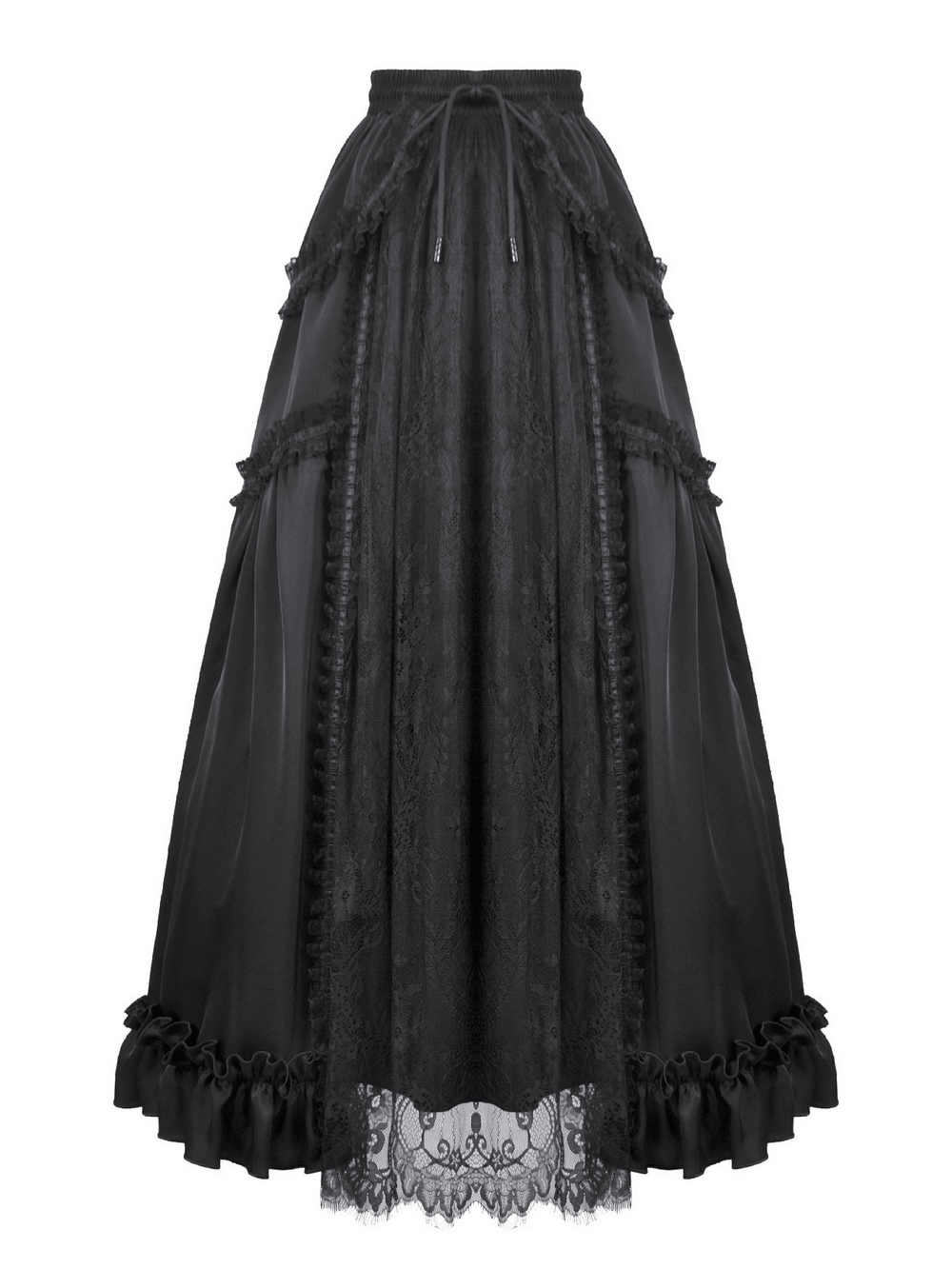 Black Gothic Lace Panel Maxi Skirt with Drawstring Waist featuring a sheer lace overlay and ruffle hem for dark romantic style.