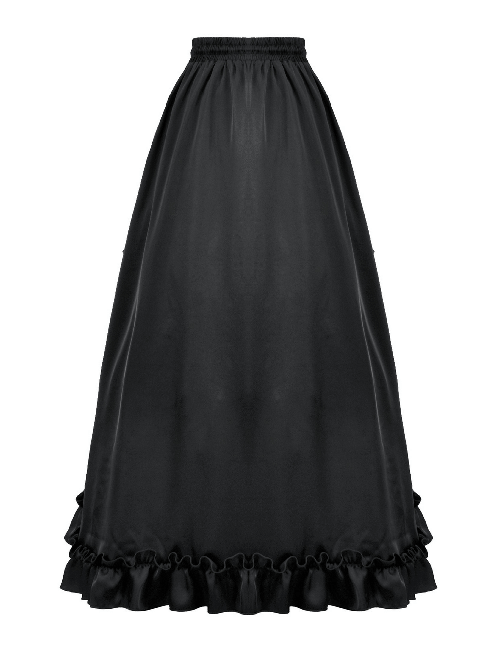 Black Gothic Lace Panel Maxi Skirt with Drawstring Waist - Elegant and flowing black long skirt with ruffle hem.