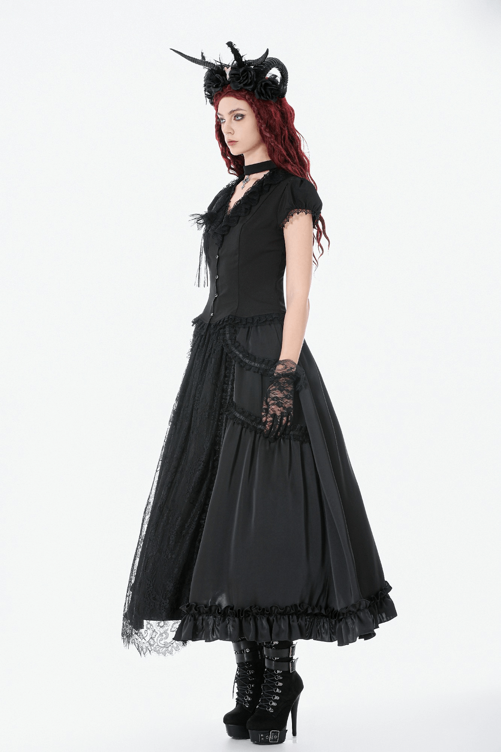 Black Gothic Lace Panel Maxi Skirt with Drawstring Waist worn by model, showcasing dark romance and Victorian style.