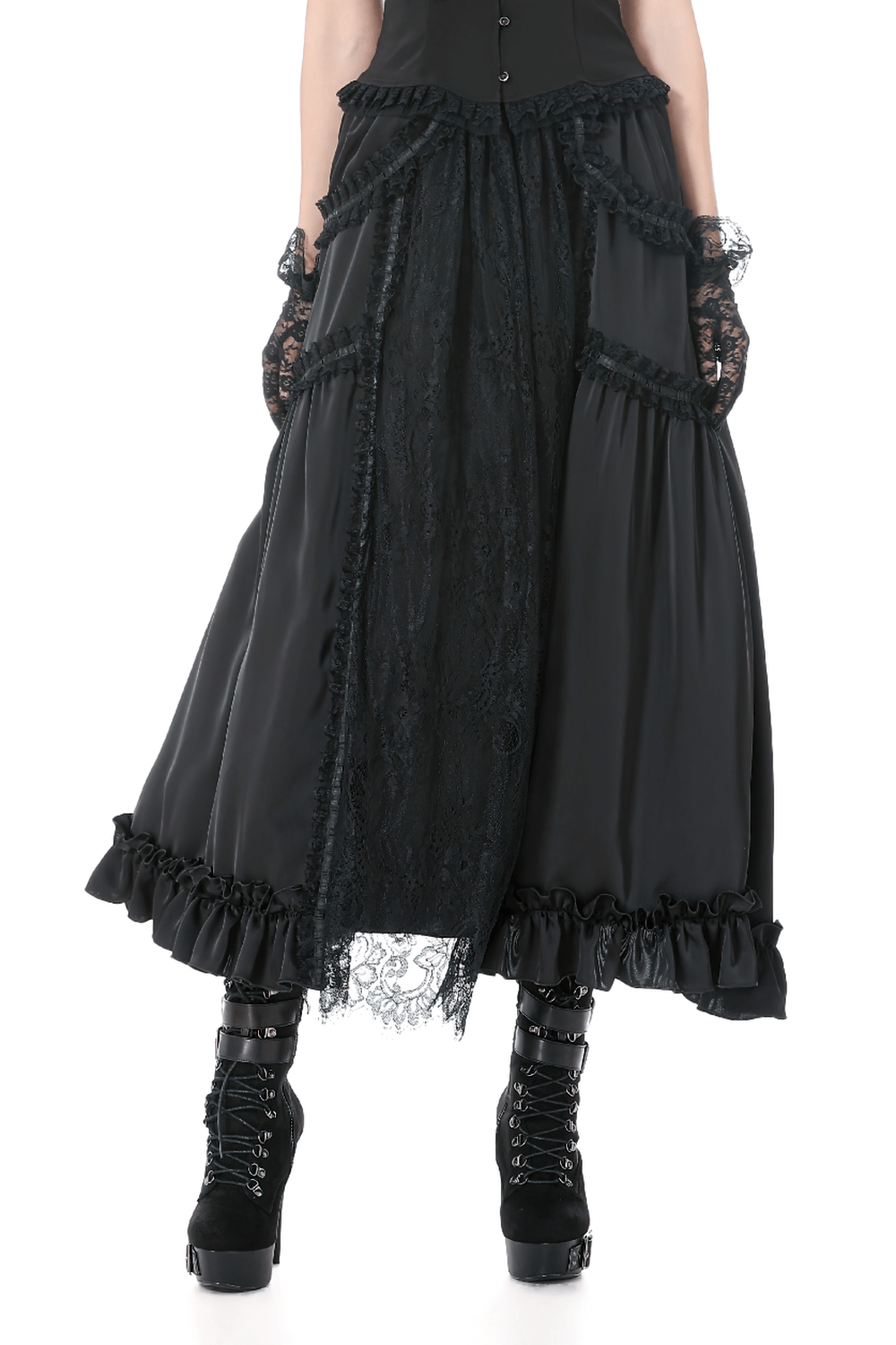 Black Gothic Lace Panel Maxi Skirt with Drawstring Waist showcasing lace overlay and ruffle hem for a dramatic look.