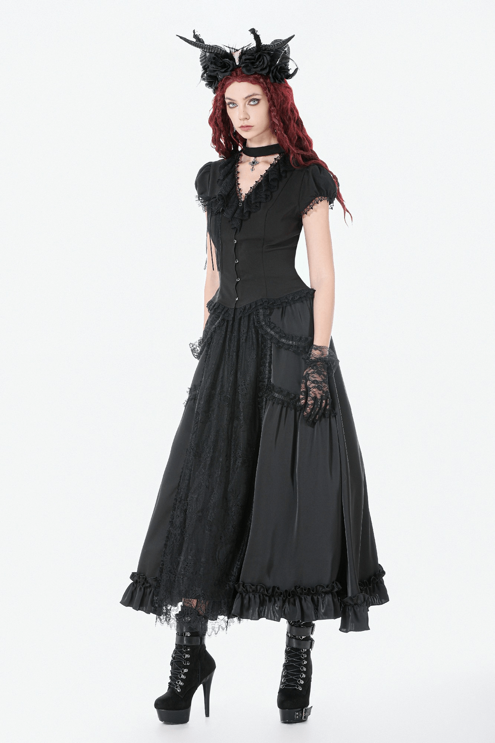 Black Gothic Lace Panel Maxi Skirt with Drawstring Waist worn by a model in a black outfit with dramatic accessories.