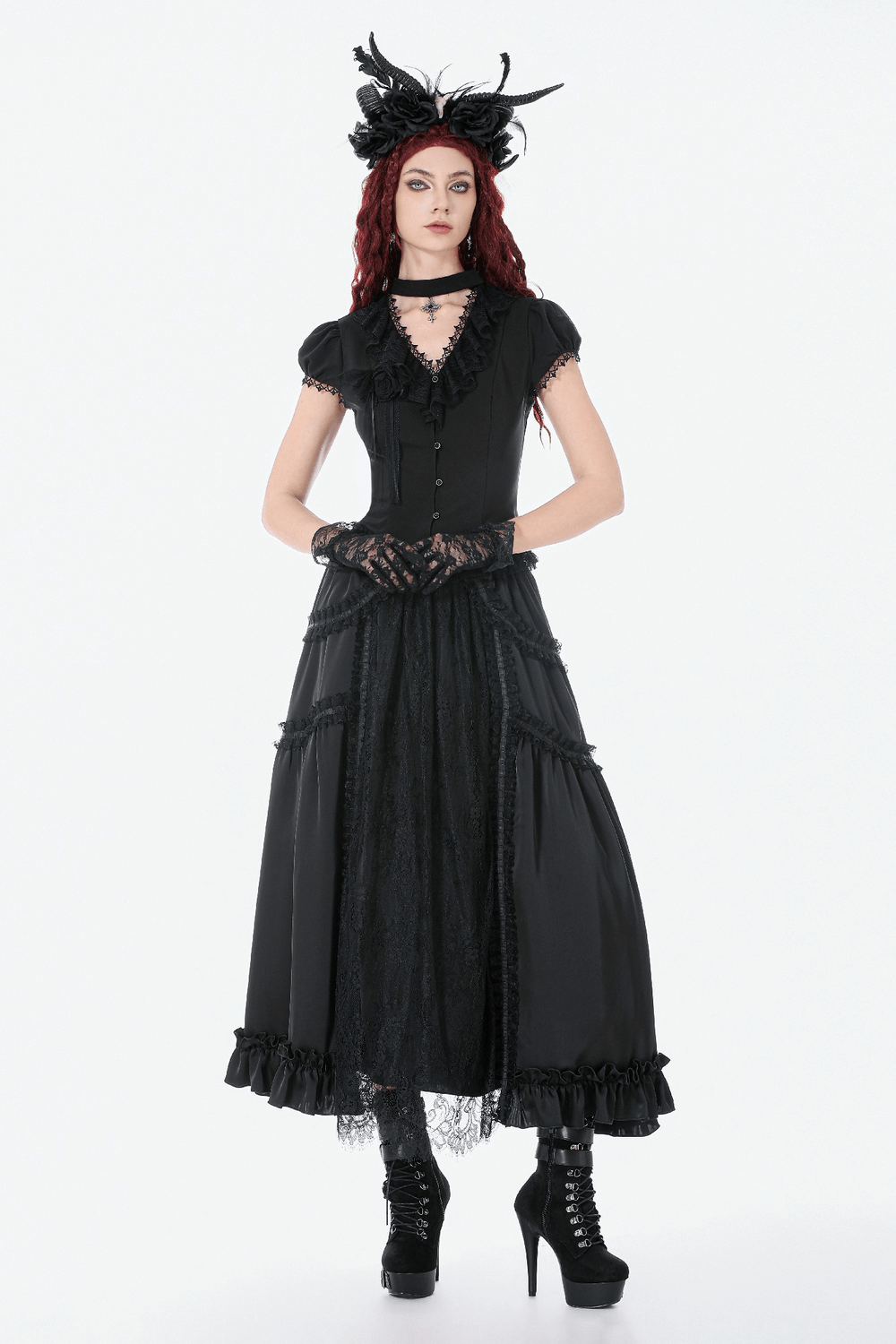 Black Gothic Lace Panel Maxi Skirt with Drawstring Waist worn by a model in a dramatic fashion pose.