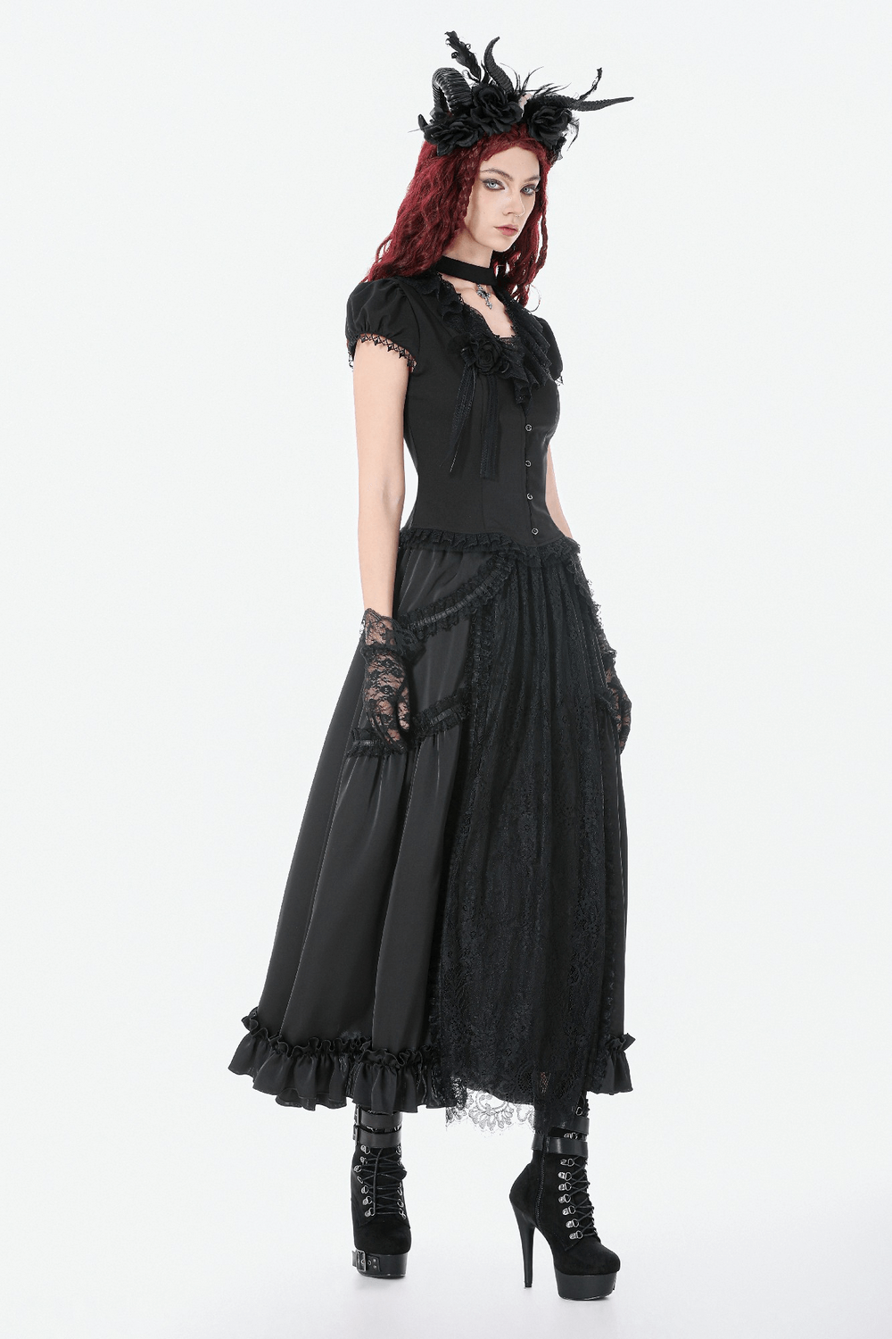 Black Gothic Lace Panel Maxi Skirt with Drawstring Waist worn by model showcasing gothic fashion.