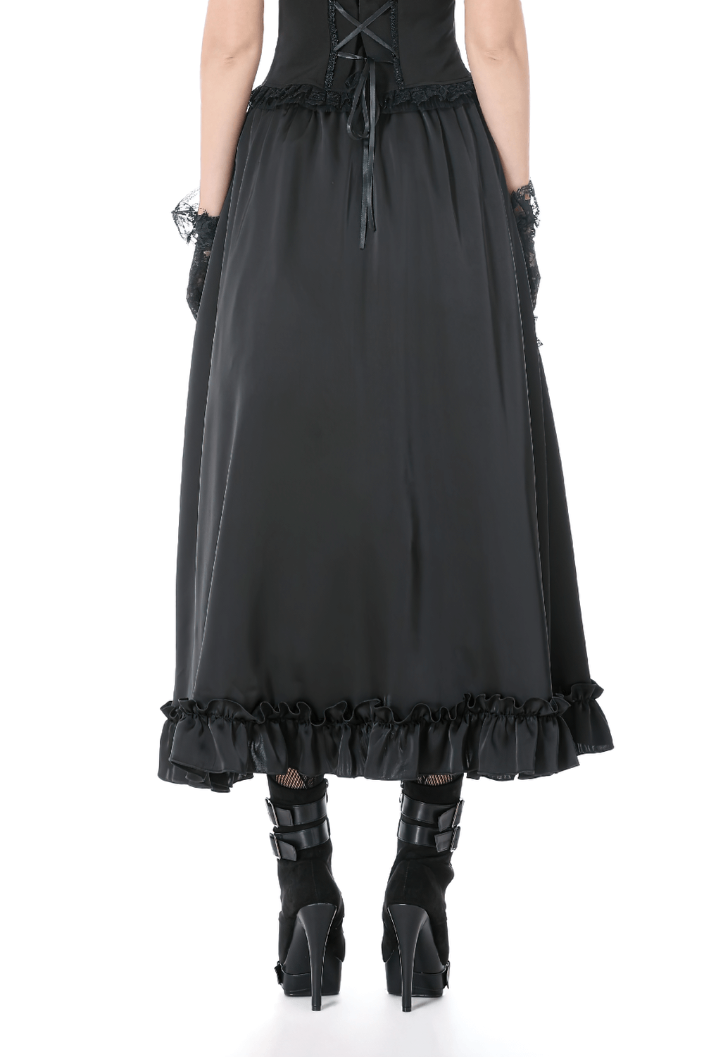 Black Gothic Lace Panel Maxi Skirt with Drawstring Waist showcasing the dramatic ruffle hem and flowing silhouette.