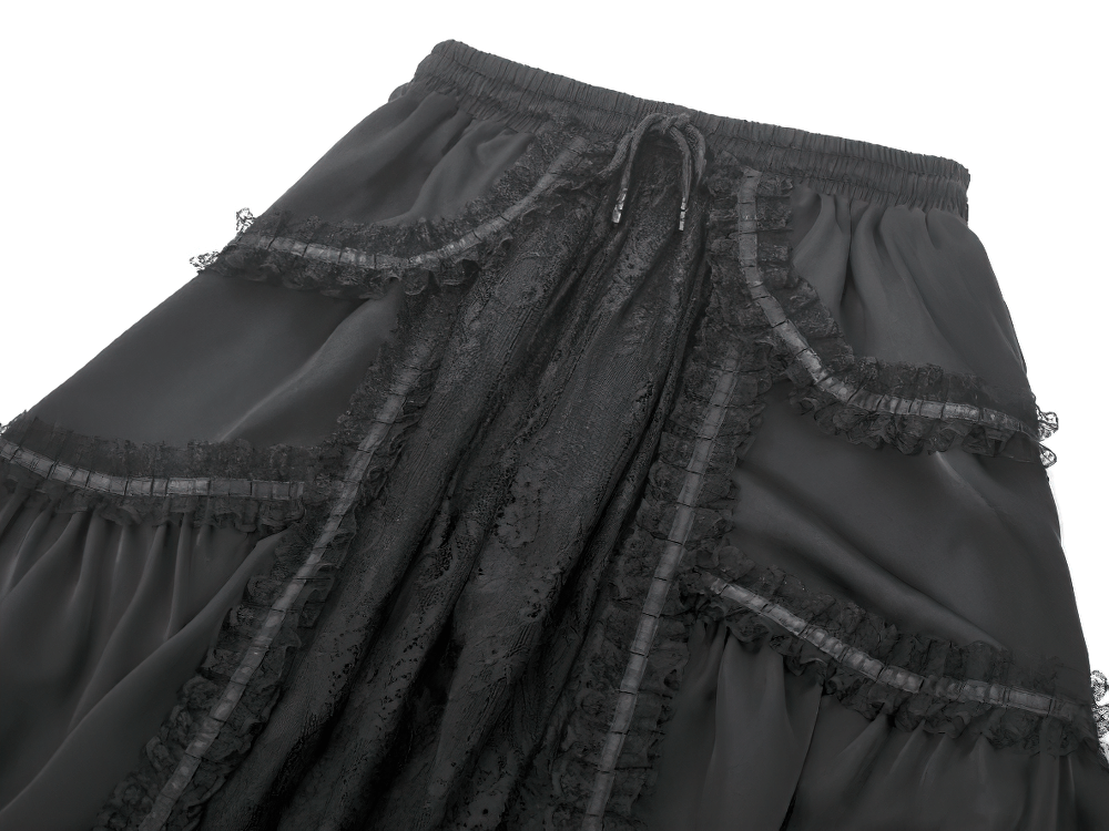 Black Gothic Lace Panel Maxi Skirt with Drawstring Waist featuring sheer lace overlay and dramatic ruffle hem.