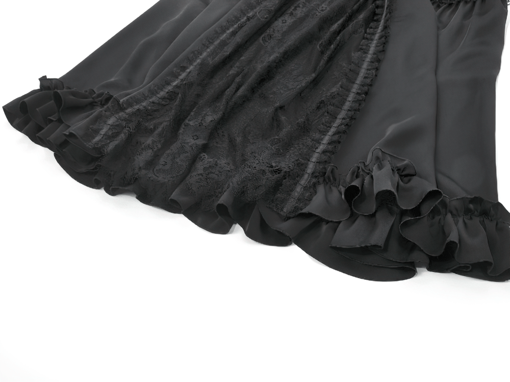 Black Gothic Lace Panel Maxi Skirt with Drawstring Waist featuring sheer lace overlay and ruffle hem.