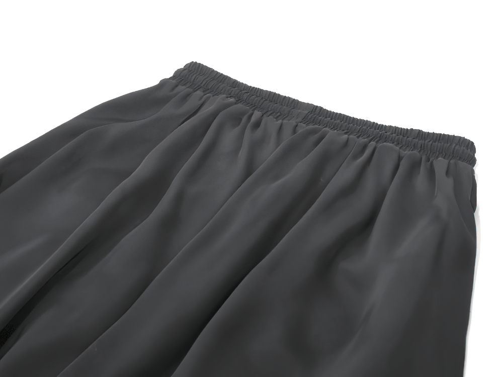 Black Gothic Lace Panel Maxi Skirt with Drawstring Waist close-up showing ruched waistband and flowing fabric