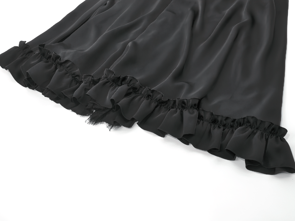 Black Gothic Lace Panel Maxi Skirt with Drawstring Waist ruffle hem detail showcasing sheer lace overlay.