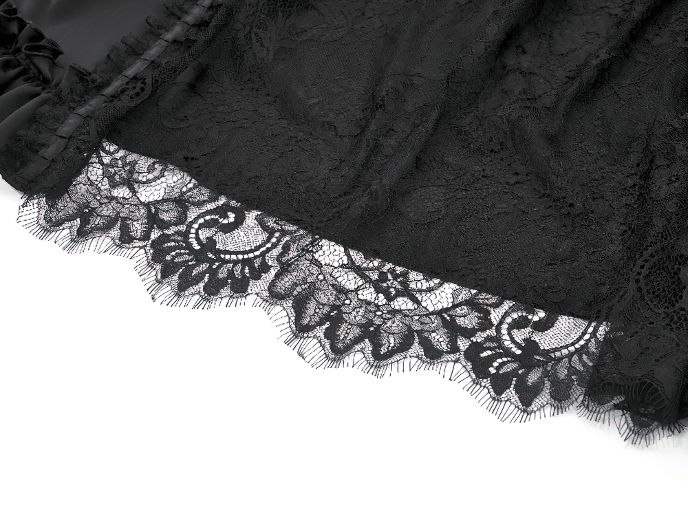 Close-up of the lace overlay on the Black Gothic Lace Panel Maxi Skirt with Drawstring Waist, showcasing intricate patterns.