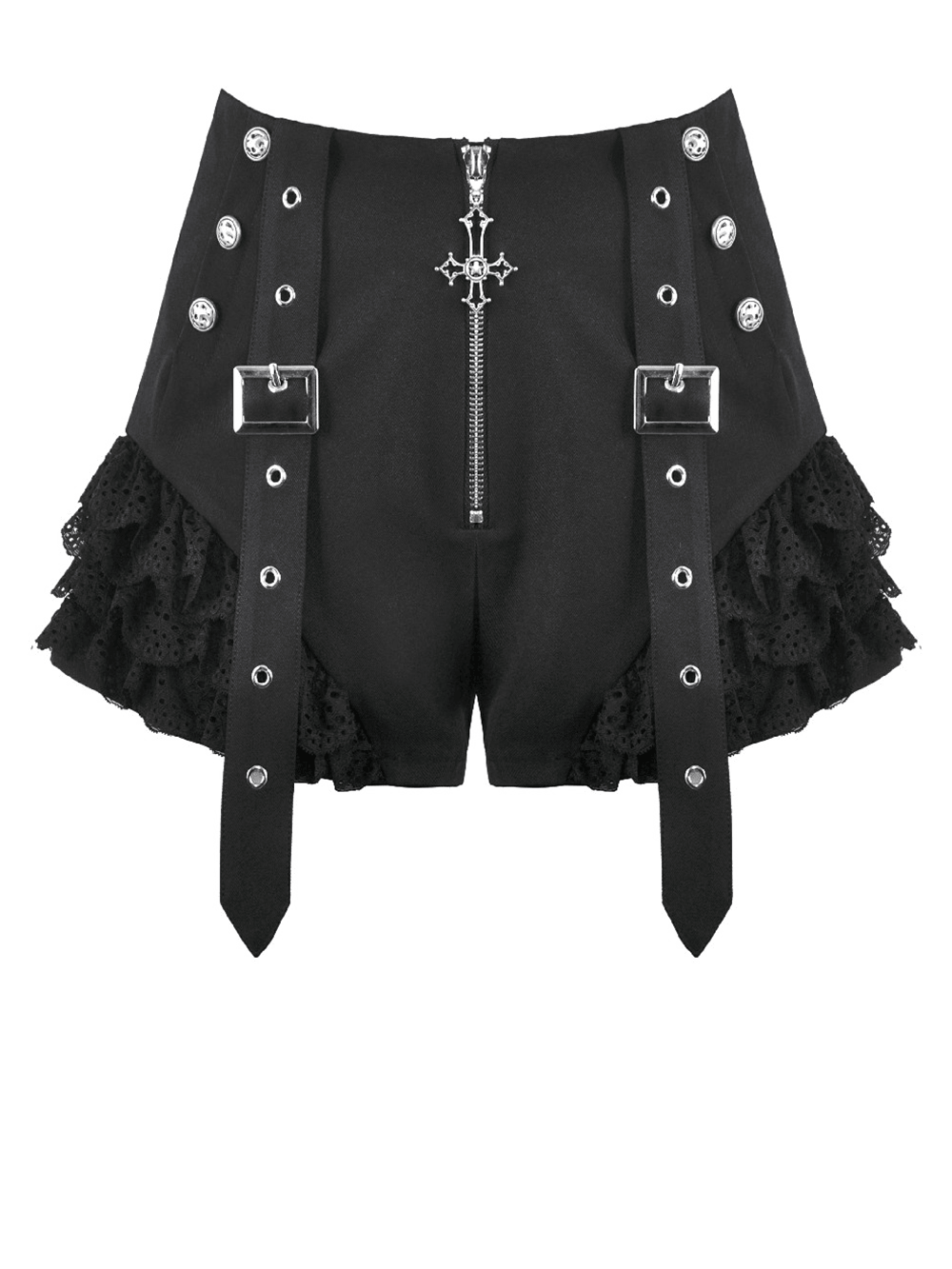 Black Gothic Lace Ruffle Shorts With Buckle Straps