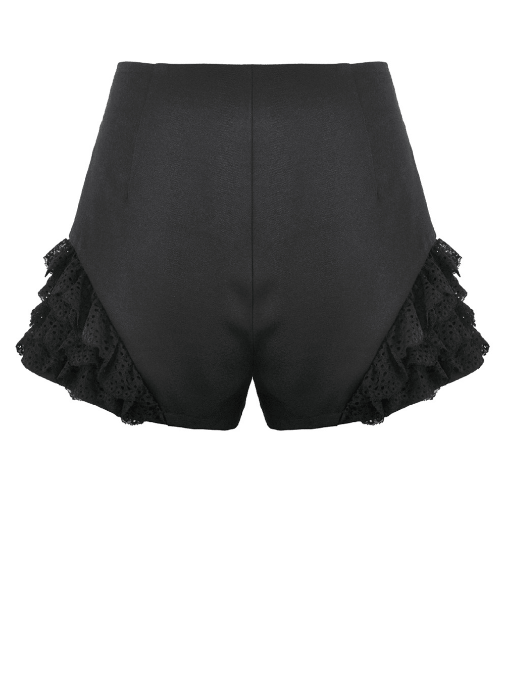 Black Gothic Lace Ruffle Shorts With Buckle Straps