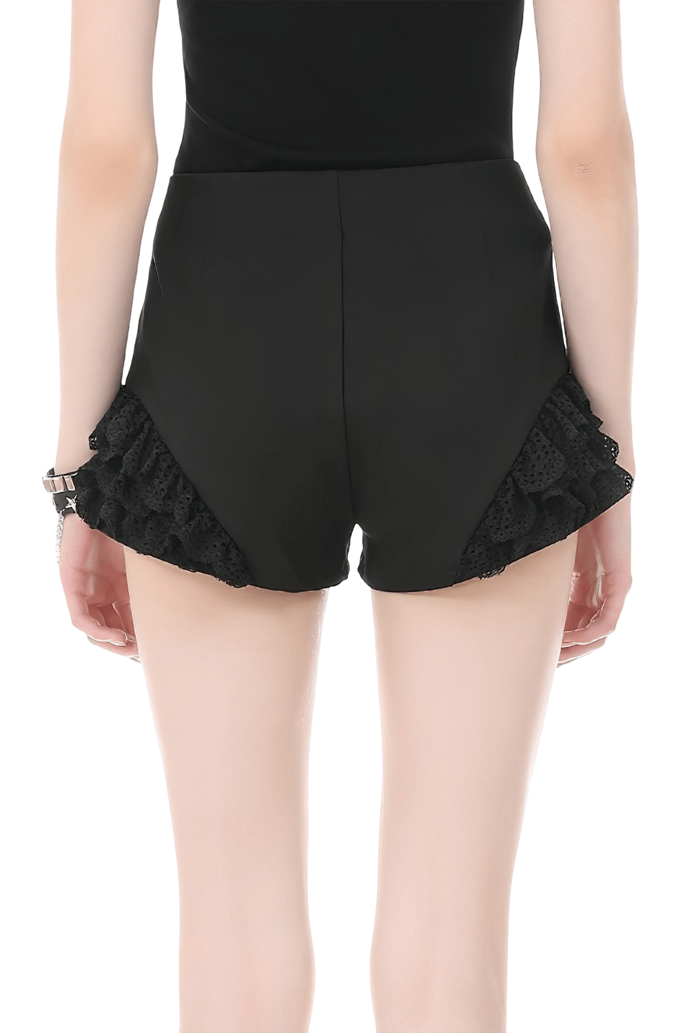 Black Gothic Lace Ruffle Shorts With Buckle Straps