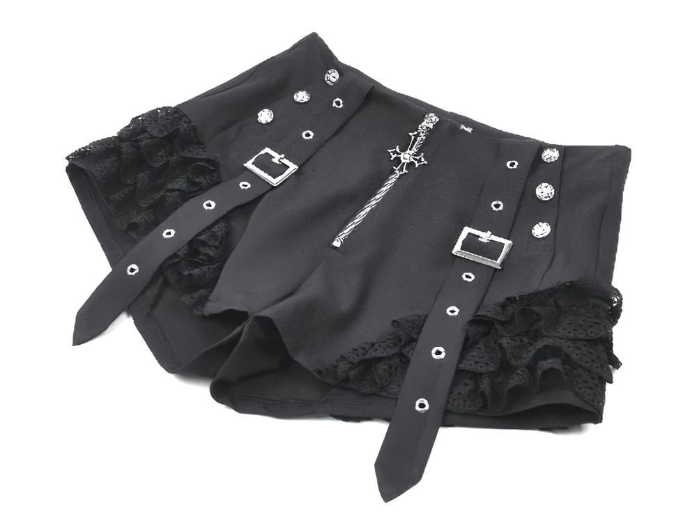 Black Gothic Lace Ruffle Shorts With Buckle Straps