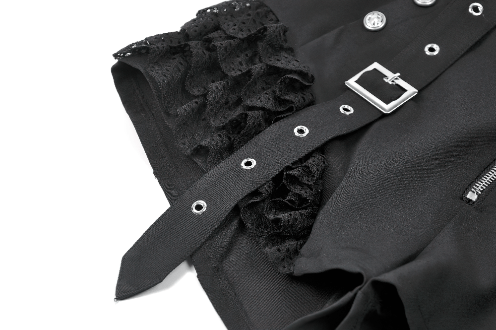 Black Gothic Lace Ruffle Shorts With Buckle Straps