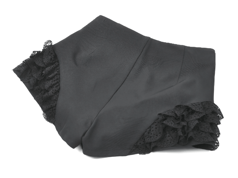 Black Gothic Lace Ruffle Shorts With Buckle Straps