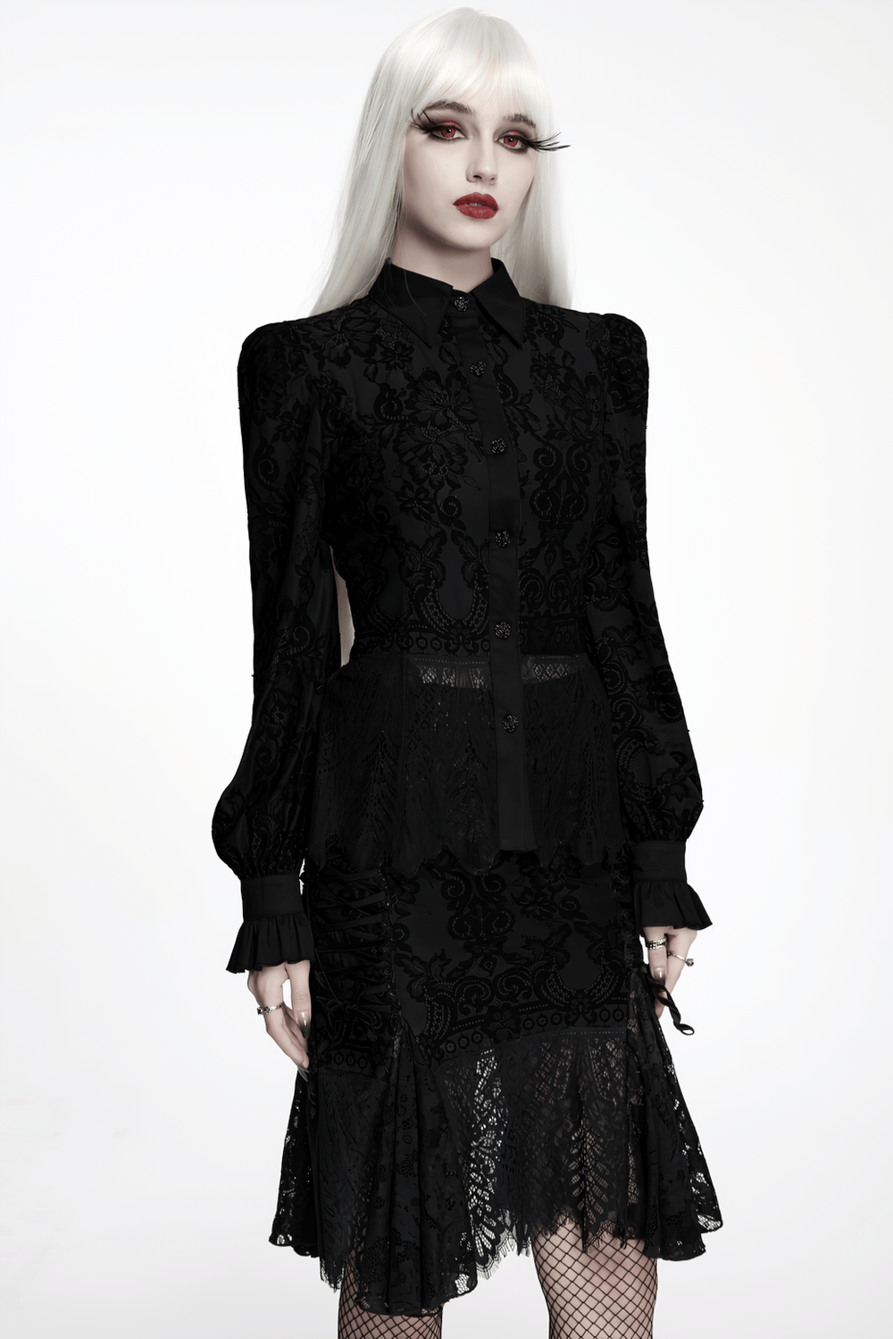 Black Gothic Lace Shirt with Corset Back and Ruffle Hem displayed with floral lace and ruffled cuffs.