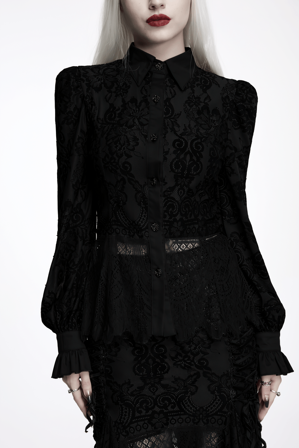 Black Gothic Lace Shirt with Corset Back and Ruffle Hem, featuring floral lace and ruffled cuffs for dark romantic style.