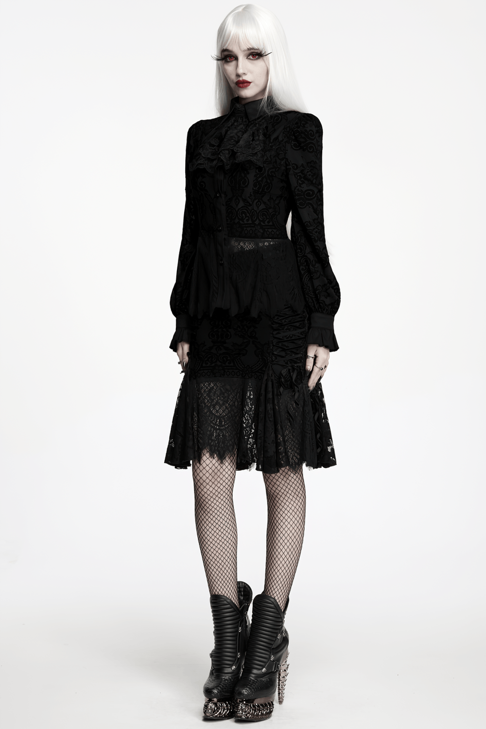 Black Gothic Lace Shirt with Corset Back and Ruffle Hem styled with floral lace and ruffled cuffs, perfect for dark romantic looks.