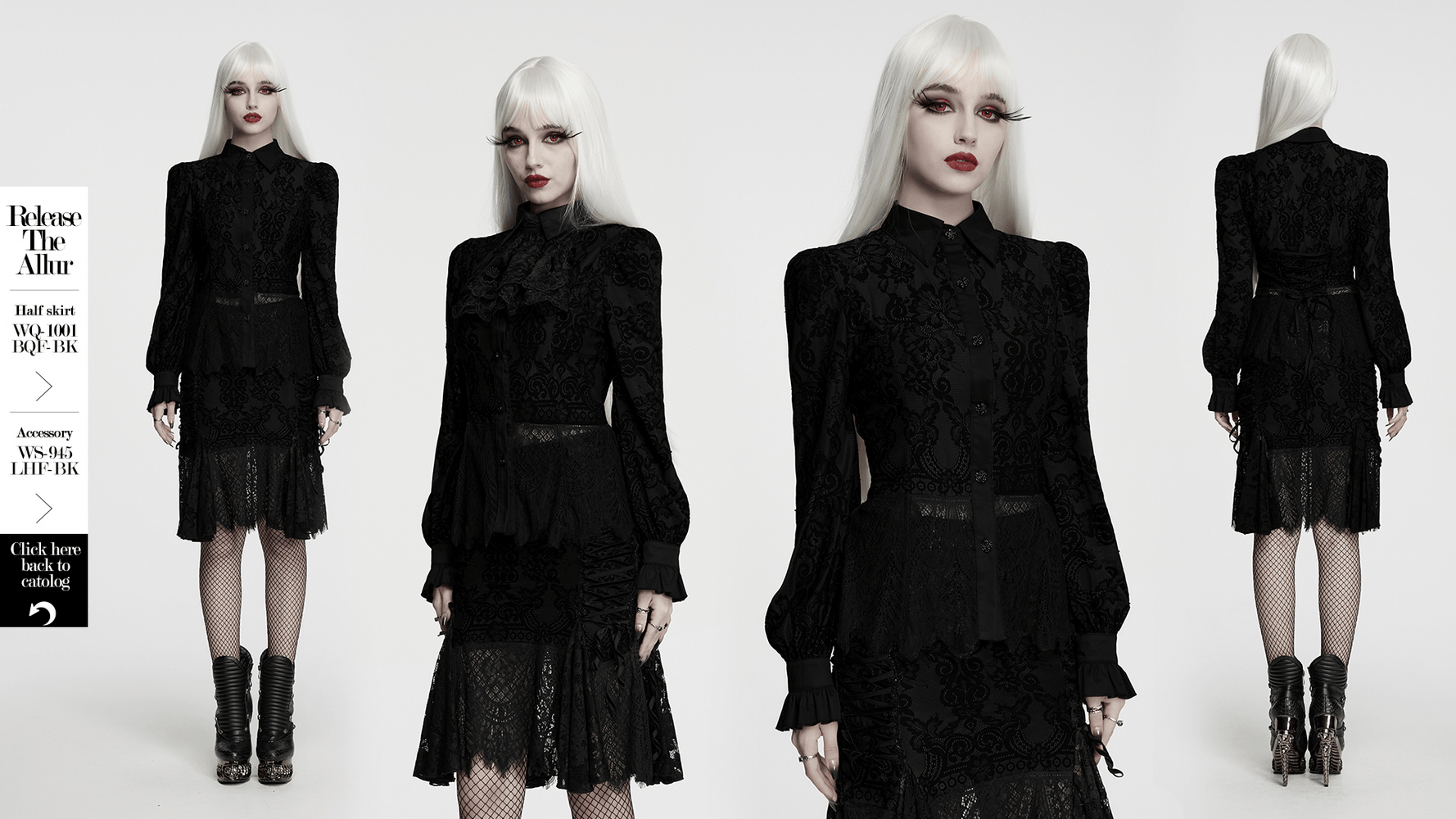 Black Gothic Lace Shirt with Corset Back and Ruffle Hem worn by model, showcasing detailed lace and ruffle design.
