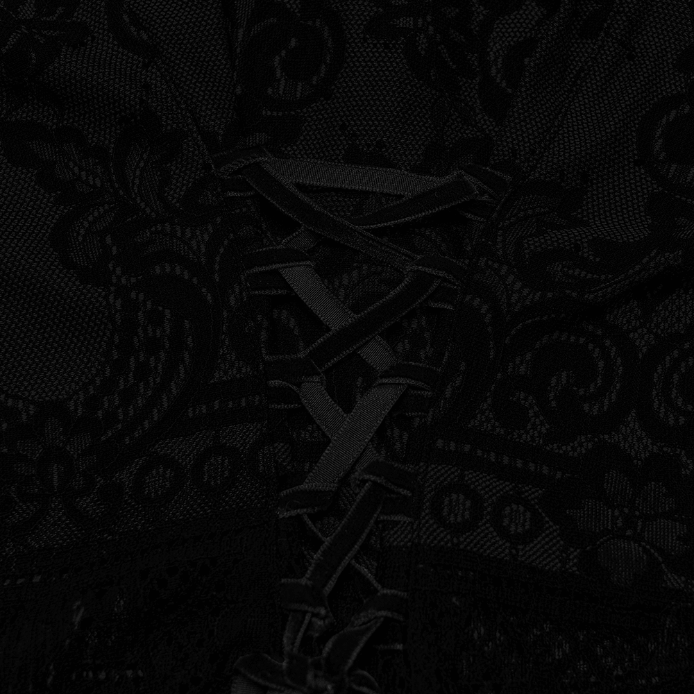 Black Gothic Lace Shirt with Corset Back and Ruffle Hem featuring intricate lace and delicate back lacing.