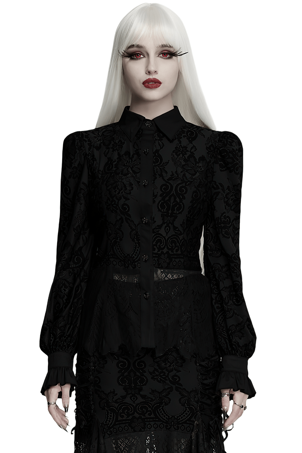 Black Gothic Lace Shirt with Corset Back and Ruffle Hem, featuring floral lace, button front, and ruffled cuffs.