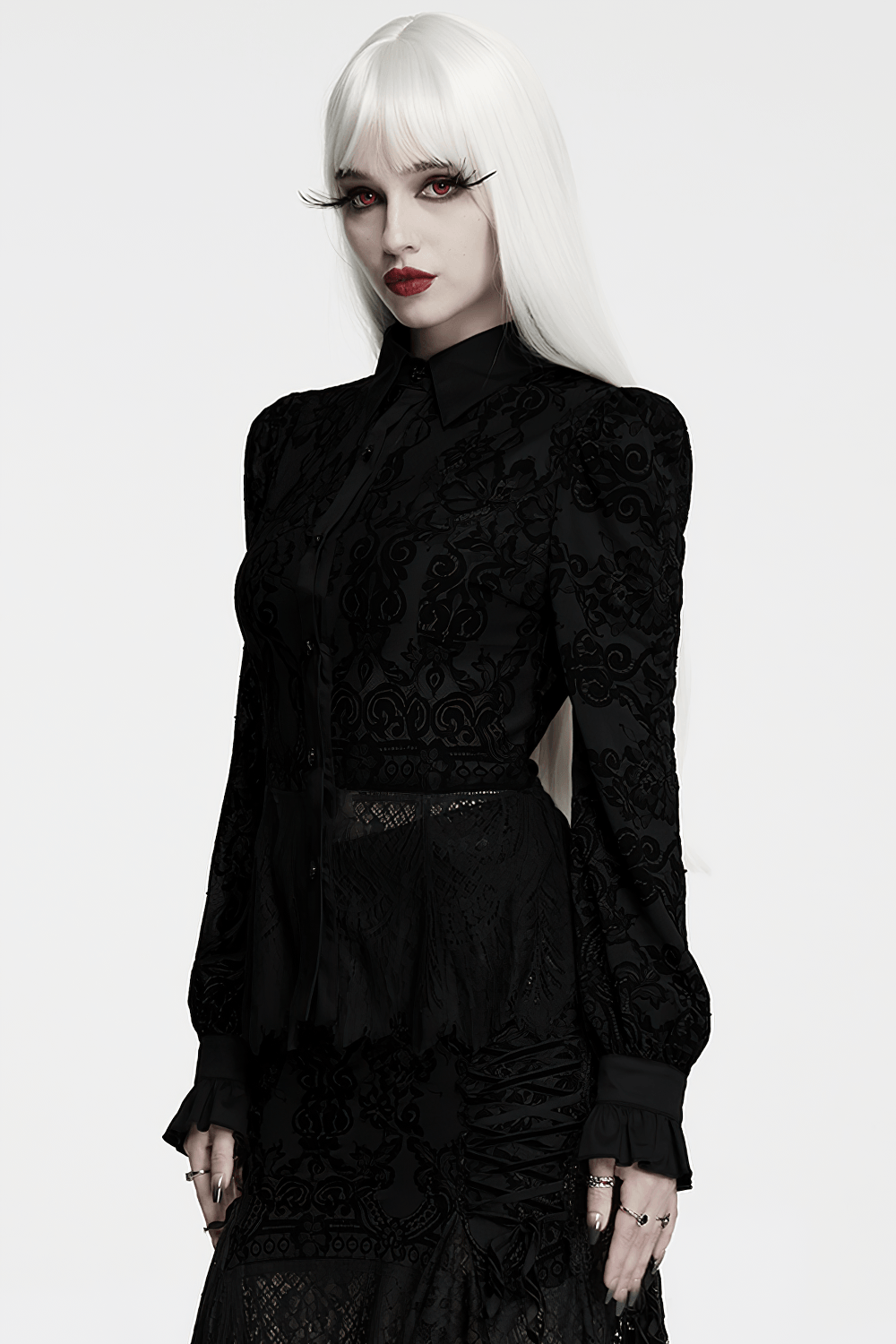 Black Gothic Lace Shirt with Corset Back and Ruffle Hem worn by model with long white hair, showcasing intricate lace details.