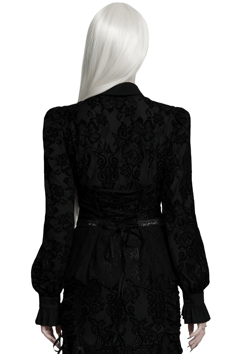 Back view of Black Gothic Lace Shirt with Corset Back and Ruffle Hem showcasing floral lace and ruffled cuffs.