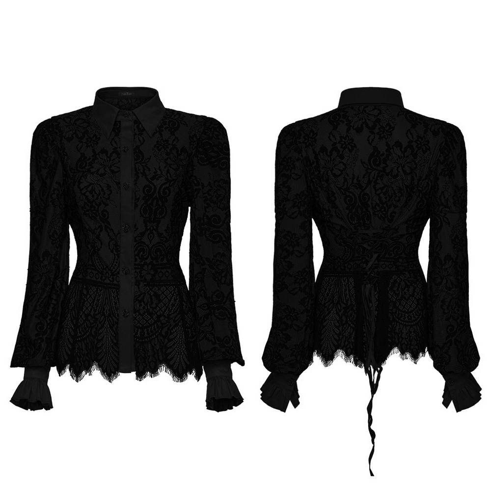 Black Gothic Lace Shirt with Corset Back and Ruffle Hem featuring floral lace and ruffled cuffs.
